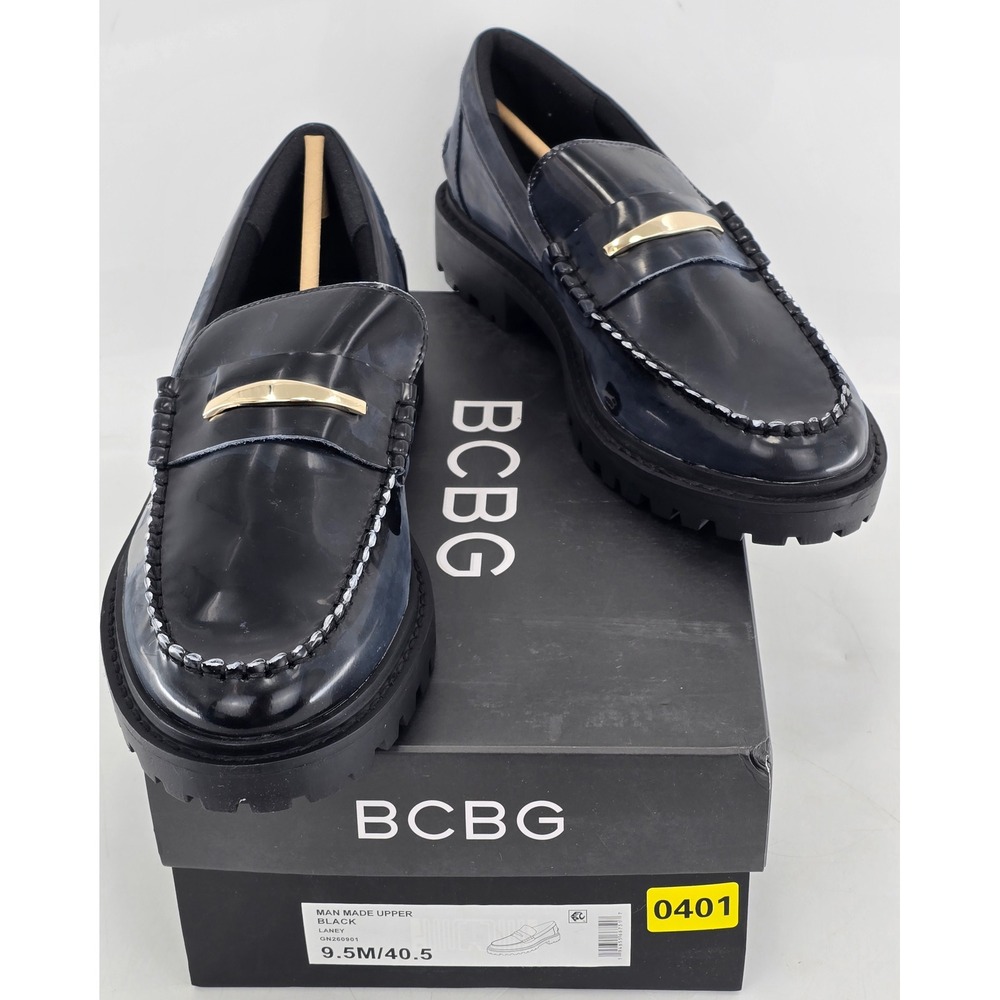 BCBG Laney Loafers Womens Size 9.5 Black Lug Sole Gold Hardware - New